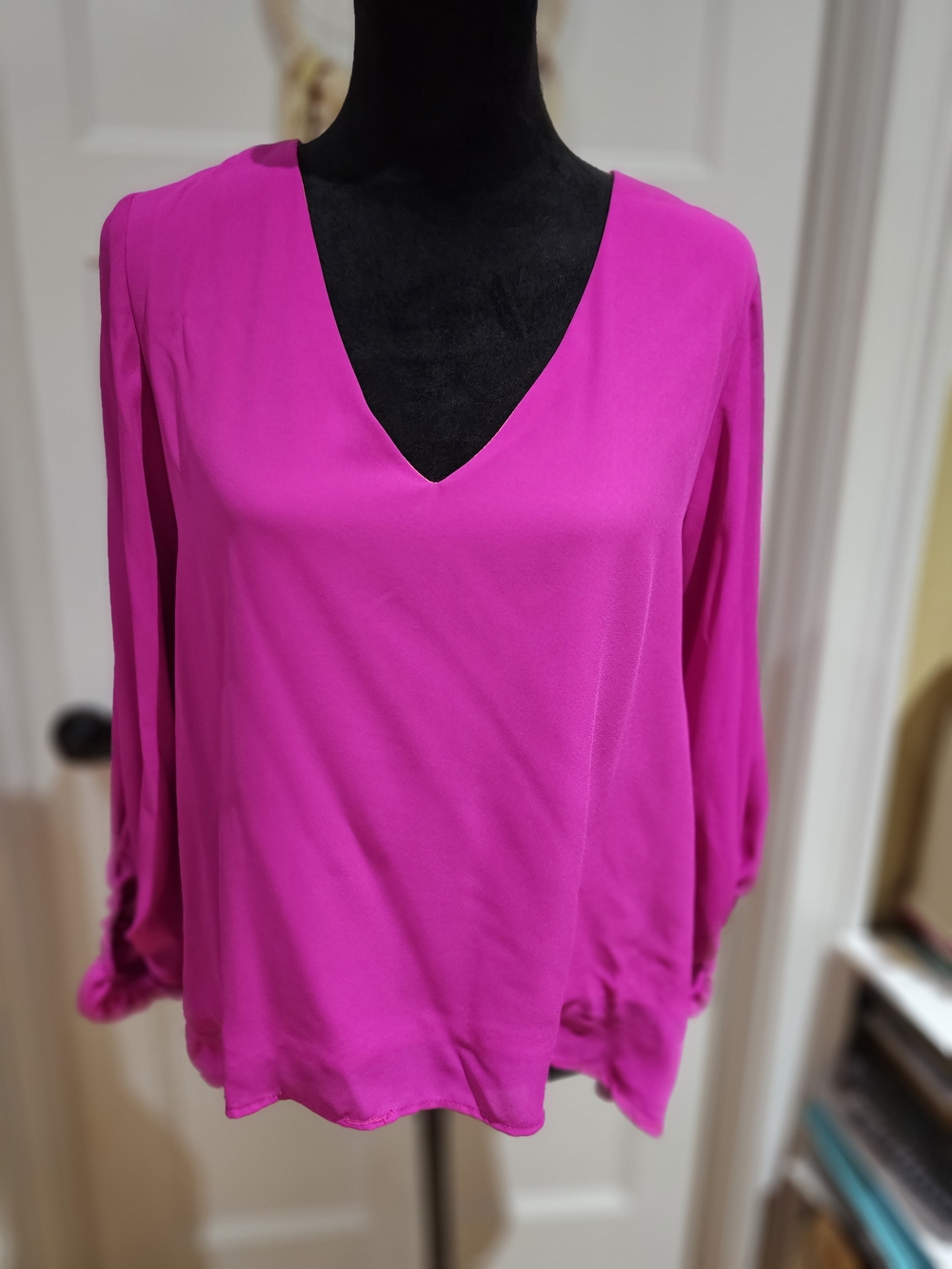V-Neck Flowing Blouse in Bright Fuchsia Pink